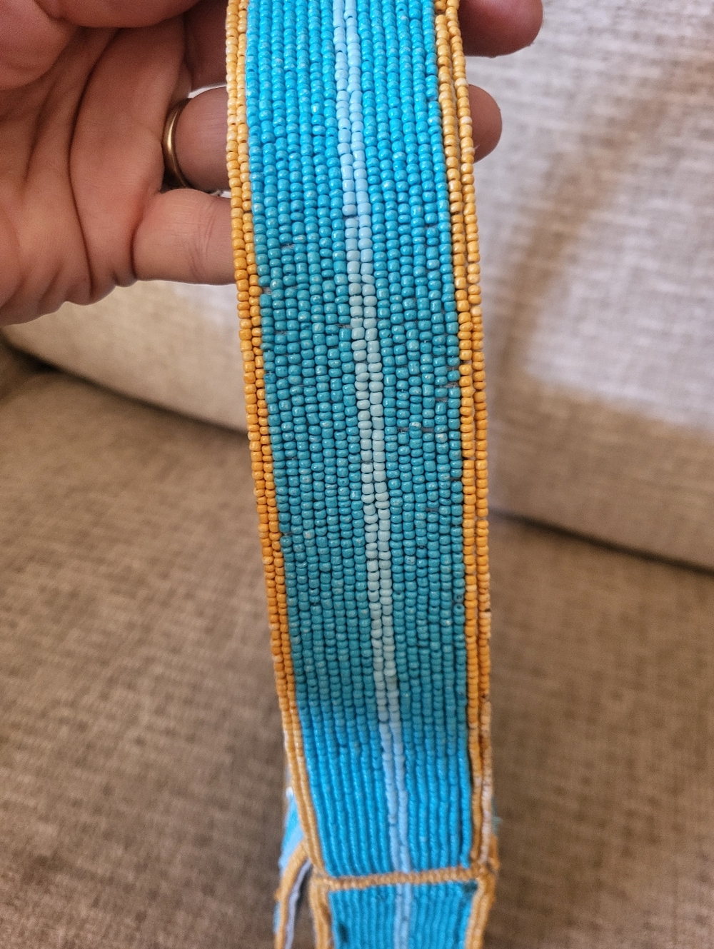 Hand-Beaded Blue & Gold Striped Lemon Motif Shoulder Bag. - Picture 11 of 16